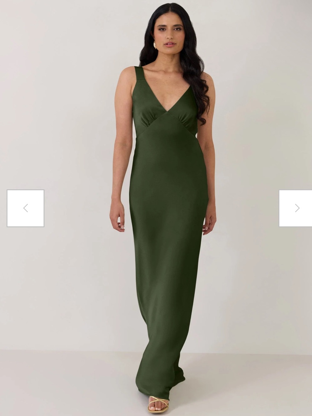 Park & Fifth Gracey Dress in Dark Olive Satin V Neck Open Tie Back